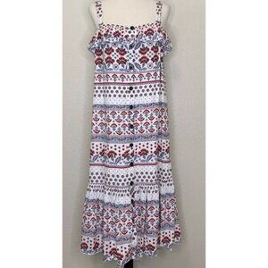 Ann Taylor Button Down Tiered Maxi Summer Dress Womens MEDIUM BOHO AZTEC